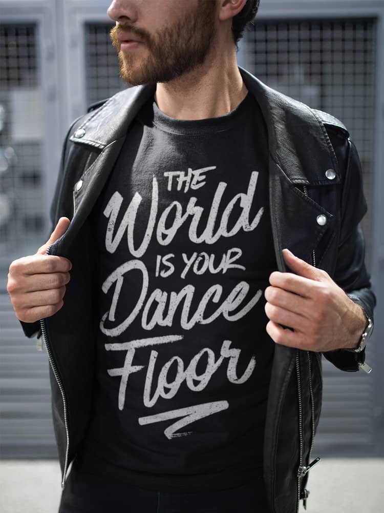 Mens T shirt The World Is Your Dance Floor FPO Model LifeStyle Black Front 2