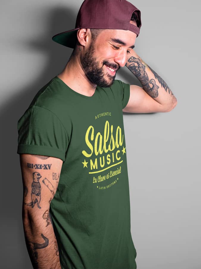 Mens T shirt Authentic Salsa Music FPO Model LifeStyle Black Front 04