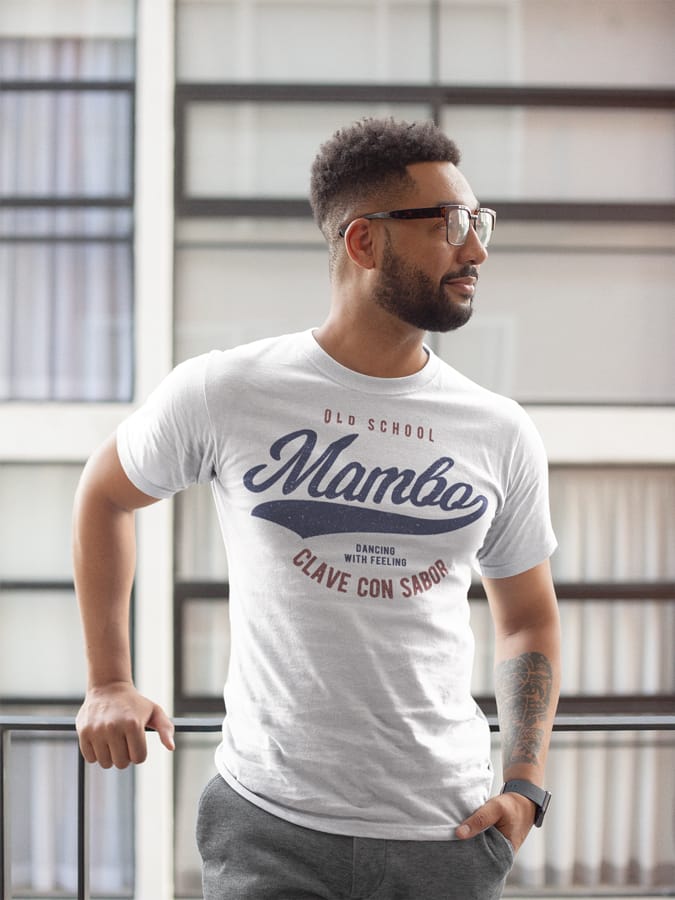 Mens T shirt Mambo Old School FPO Model LifeStyle White Front 2
