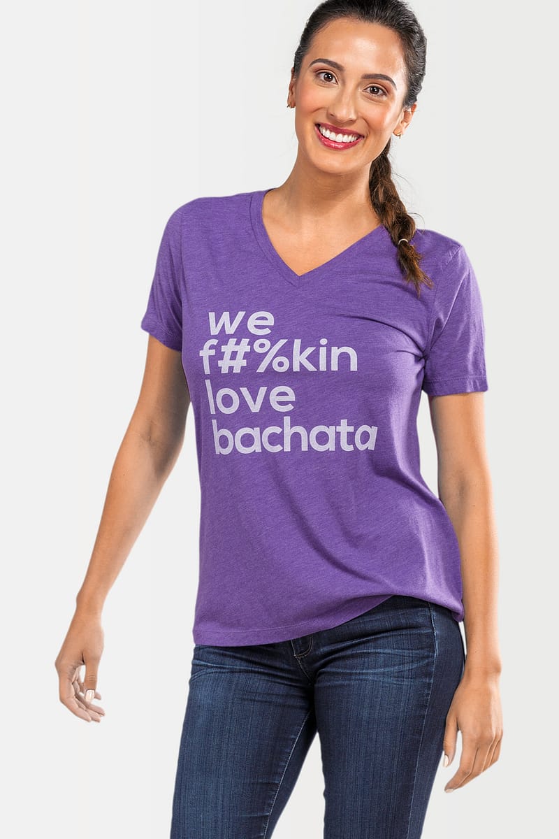 Womens T shirt V Neck We Fukin Love Bachata Heather Purple 2548